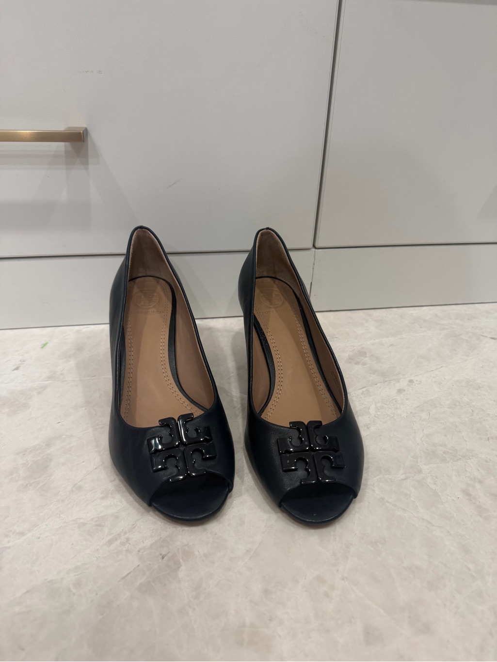 Tory Burch Navy Lowell Peep-Toe Wedge With Logo Accent